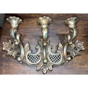 Vintage Syroco Gold Triple Candle  Holder Wall Sconce 4002 Regency Hollywood